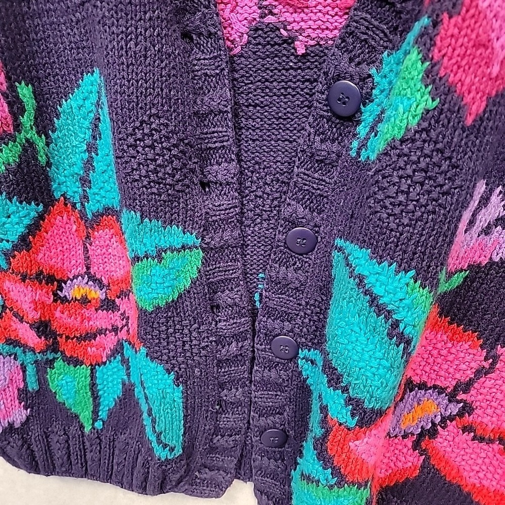 Vintage Izod Sweater Women M Floral Cardigan Hand Knit Cotton Blend Vibrant Rare - Picture 7 of 16